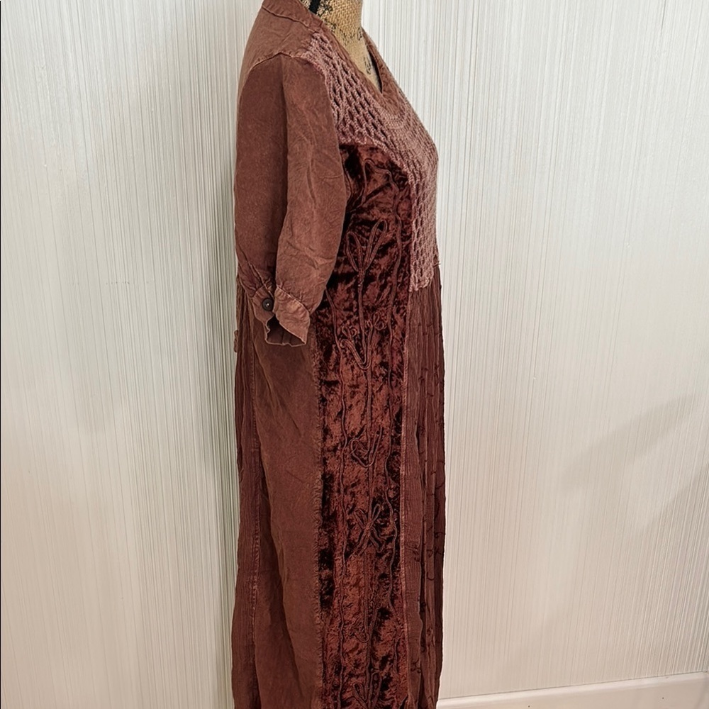 Vintage 90s Boho Bohemian Hippie BrownDress Puff Sleeve Crew Neck - Picture 4 of 11
